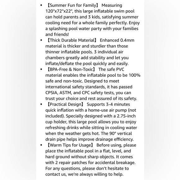 120" X 72" X 22" Inflatable Swimming Pool~Family Size~Brand New in Box - Picture 13 of 13